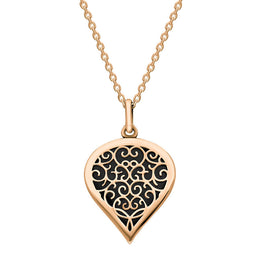 9ct Rose Gold Whitby Jet Flore Filigree Medium Heart Necklace. P3630.