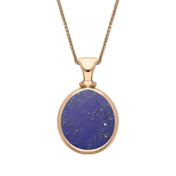 9ct Rose Gold Whitby Jet Lapis Lazuli Small Double Sided Pear Fob Necklace, P220.
