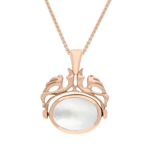 9ct Rose Gold Whitby Jet Mother Of Pearl Double Sided Oval Swivel Fob Necklace, P104_4.