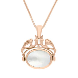 9ct Rose Gold Whitby Jet Mother Of Pearl Double Sided Oval Swivel Fob Necklace, P104_4.