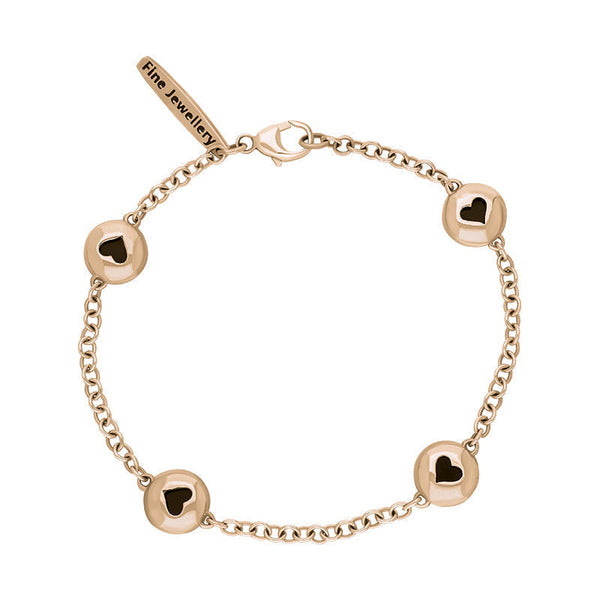 9ct Rose Gold Whitby Jet Oval Heart Detail Four Stone Bracelet, B797.