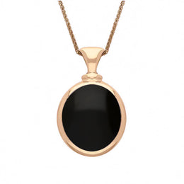 9ct Rose Gold Whitby Jet Turquoise Small Double Sided Oval Fob Necklace, P219_2.