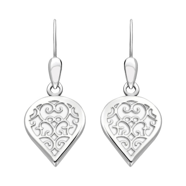 9ct White Gold Bauxite Flore Filigree Heart Drop Earrings. E2588.