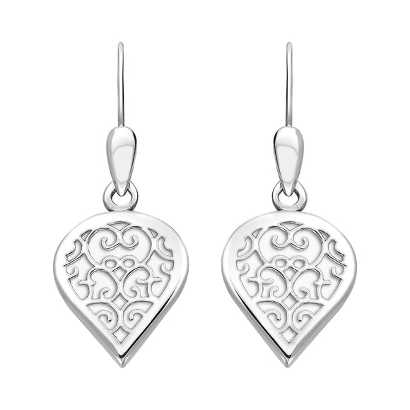 9ct White Gold Bauxite Flore Filigree Heart Drop Earrings. E2588.