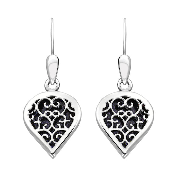 9ct White Gold Blue Goldstone Flore Filigree Heart Drop Earrings. E2588.