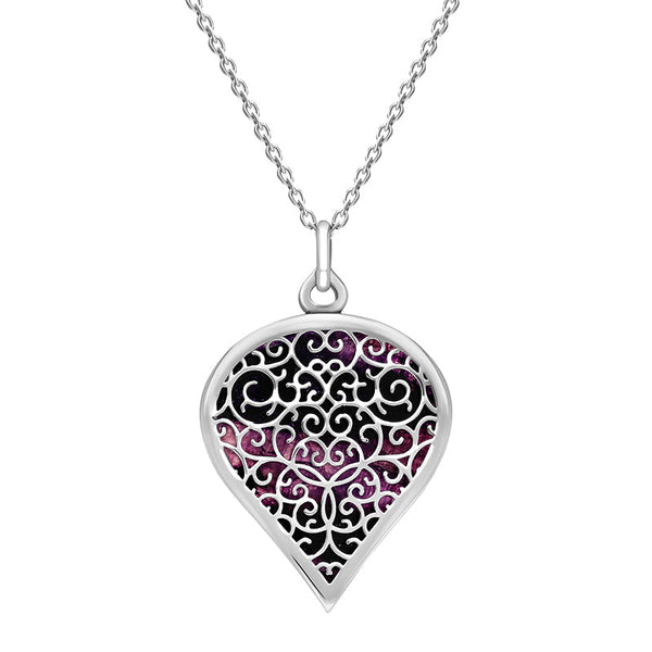 9ct White Gold Blue John Flore Filigree Large Heart Necklace. P3631.