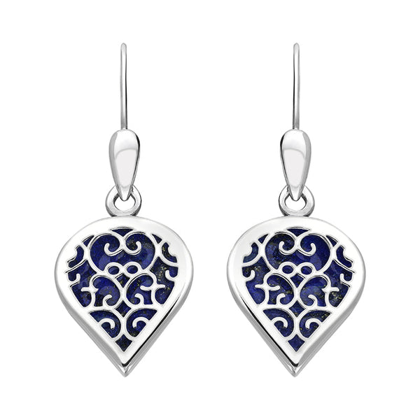9ct White Gold Lapis Lazuli Flore Filigree Heart Drop Earrings. E2588.