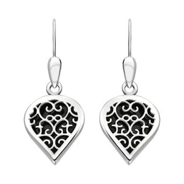 9ct White Gold Whitby Jet Flore Filigree Heart Drop Earrings. E2588.