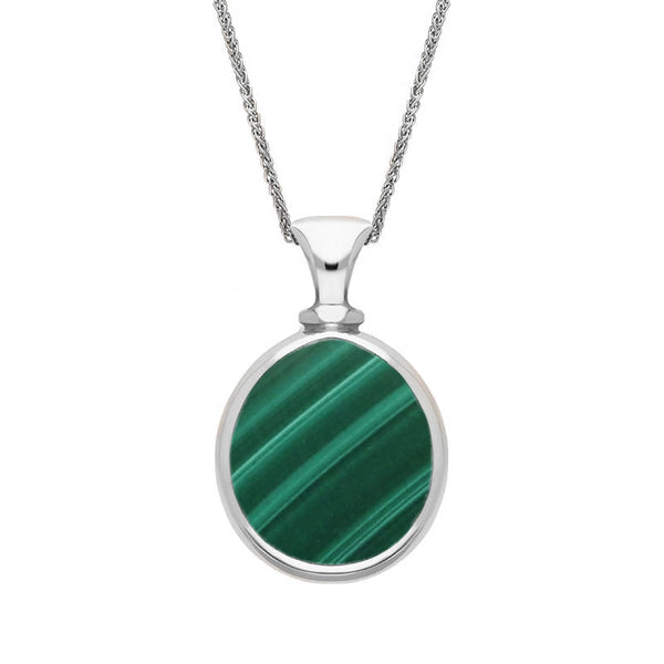 9ct White Gold Whitby Jet Malachite Small Double Sided Pear Fob Necklace, P220.