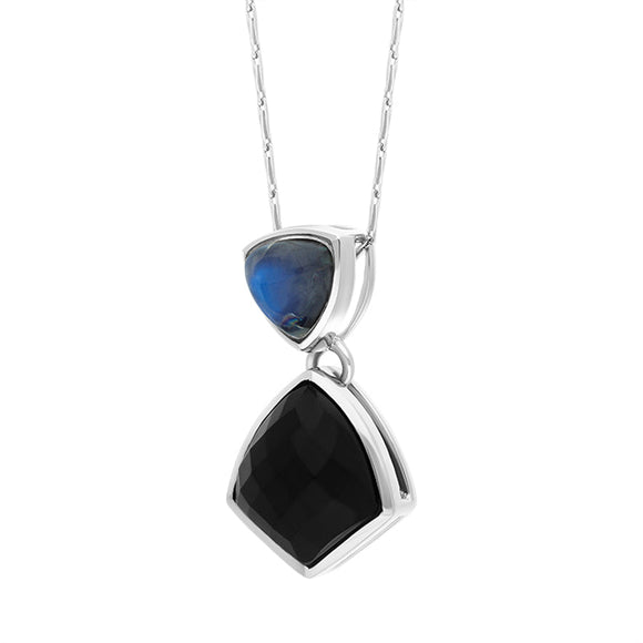 9ct White Gold Whitby Jet Moonstone Faceted Four Sided Drop Necklace D
