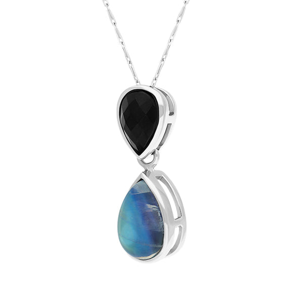 9ct White Gold Whitby Jet Moonstone Faceted Pear Drop Necklace D