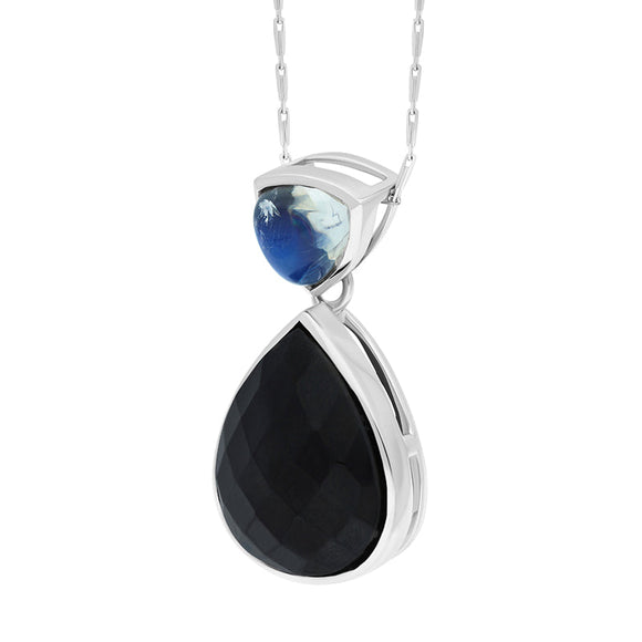 9ct White Gold Whitby Jet Moonstone Faceted Pear Drop Necklace D