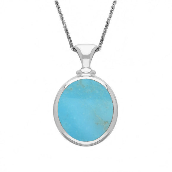 9ct White Gold Whitby Jet Turquoise Small Double Sided Oval Fob Necklace, P219.