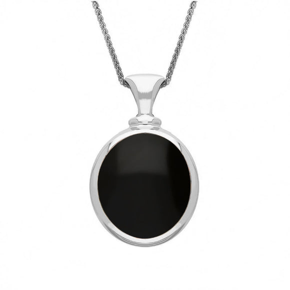 9ct White Gold Whitby Jet Turquoise Small Double Sided Oval Fob Necklace, P219_2.