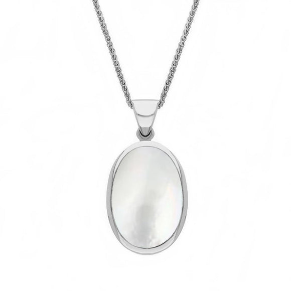 9ct White Gold Whitby Jet White Mother Of Pearl Small Double Sided Fob Necklace, P832.