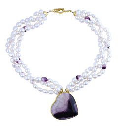 9ct Yellow Gold Blue John Freshwater Pearl Heart T Bar Necklace D NUNQ0000511.