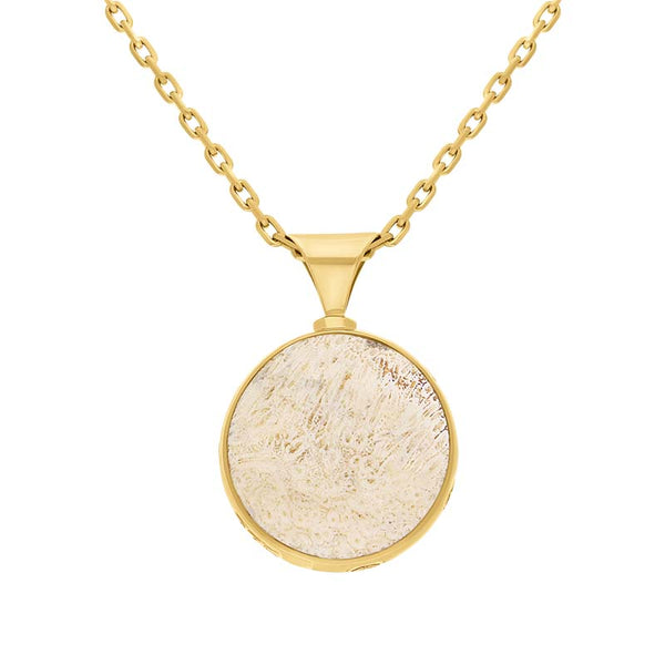 9ct Yellow Gold Coquina Larimar Double Sided Round Fob Pendant Necklace P146.