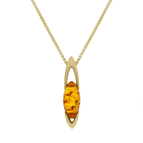 9ct Yellow Gold Amber Small Marquise Ellipse Necklace, P1443C.