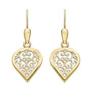 9ct Yellow Gold Bauxite Flore Filigree Heart Drop Earrings. E2588.