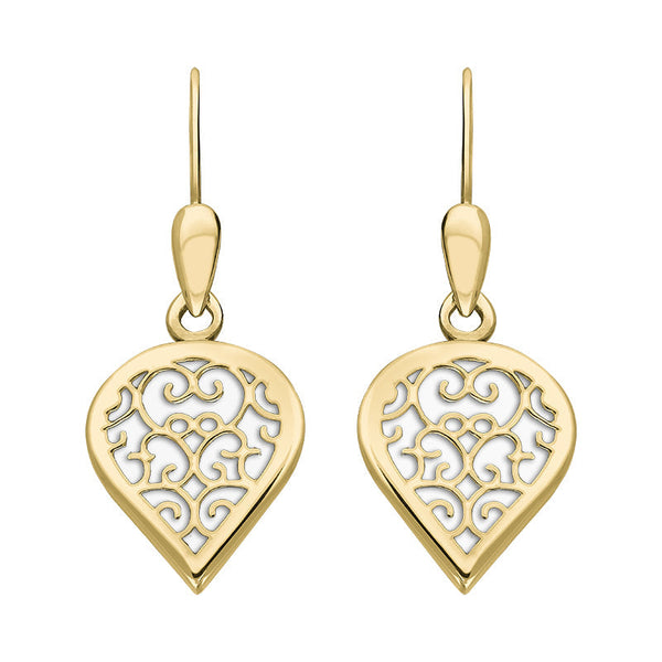 9ct Yellow Gold Bauxite Flore Filigree Heart Drop Earrings. E2588.