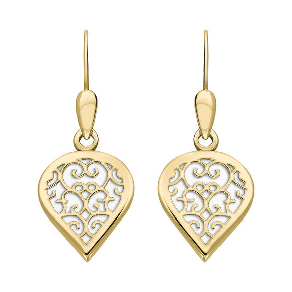 9ct Yellow Gold Bauxite Flore Filigree Heart Drop Earrings. E2588.