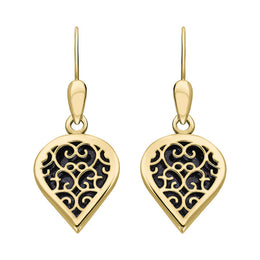 9ct Yellow Gold Blue Goldstone Flore Filigree Heart Drop Earrings. E2588.