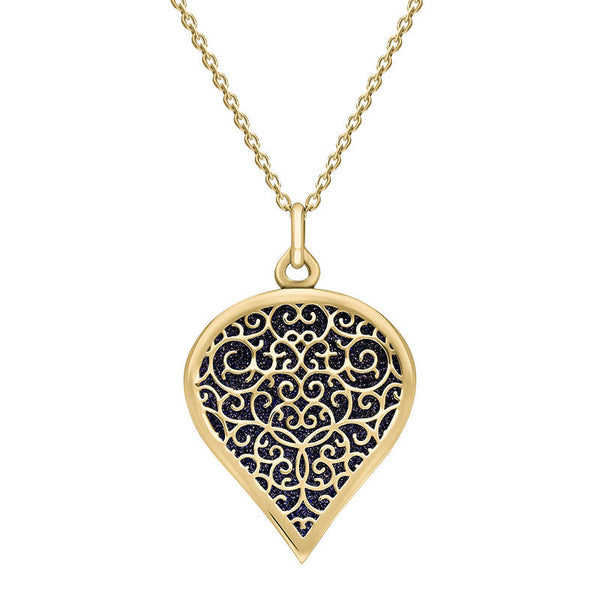 9ct Yellow Gold Blue Goldstone Flore Filigree Large Heart Necklace. P3631.