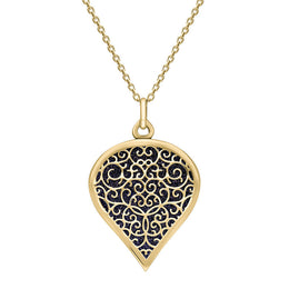 9ct Yellow Gold Blue Goldstone Flore Filigree Large Heart Necklace. P3631.