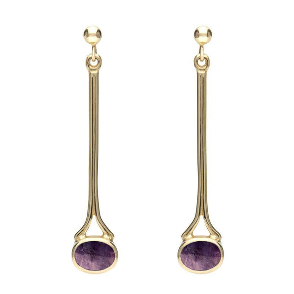 9ct Yellow Gold Blue John Long Drop Earrings. E094.