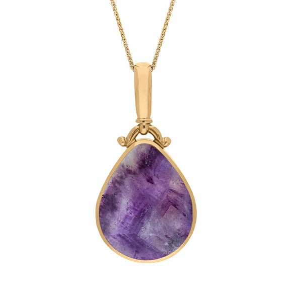 9ct Yellow Gold Blue John Mother of Pearl Double Sided Pear Fob Necklace, P056.