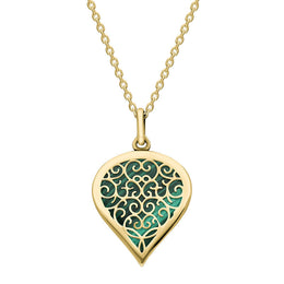 9ct Yellow Gold Malachite Flore Filigree Medium Heart Necklace. P3630.