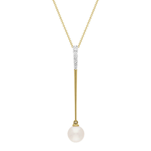 9ct Yellow Gold Freshwater Pearl 0.18ct Diamond Drop Necklace D