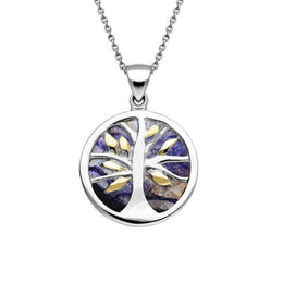 Yellow Gold Plated Sterling Silver Blue John Small Round Tree of Life Necklace, P3547