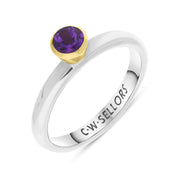 9ct Yellow Gold Sterling Silver Amethyst Stepping Stones 5mm Round Bezel Set Ring