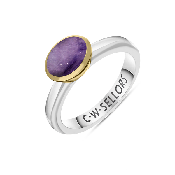 9ct Yellow Gold Sterling Silver Blue John Stepping Stones 6x8mm Oval Bezel Set Ring. R578