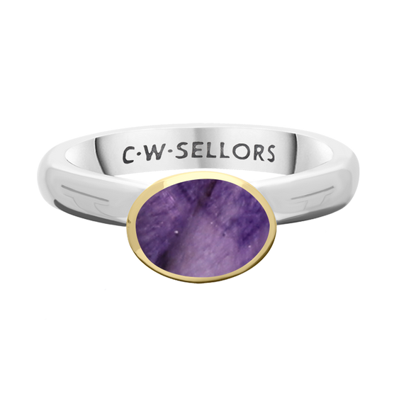 9ct Yellow Gold Sterling Silver Blue John Stepping Stones 6x8mm Oval Bezel Set Ring. R578_3