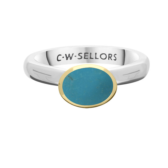 9ct Yellow Gold Sterling Silver Turquoise Stepping Stones 6x8mm Oval Bezel Set Ring. R578_2