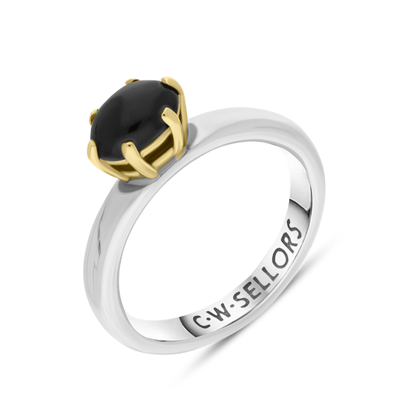 9ct Yellow Gold Sterling Silver Whitby Jet Stepping Stones 4x7mm Oval Claw Set Ring R574