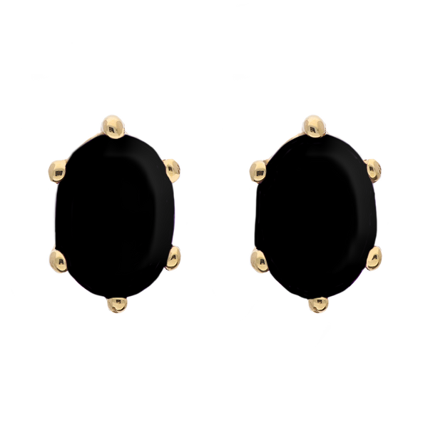 9ct Yellow Gold Sterling Silver Whitby Jet Stepping Stones 4x7mm Oval Claw Set Stud Earrings E1293
