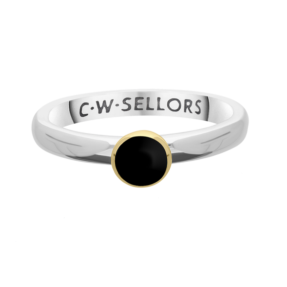 9ct Yellow Gold Sterling Silver Whitby Jet Stepping Stones 5mm Round Bezel Set Ring R573_3