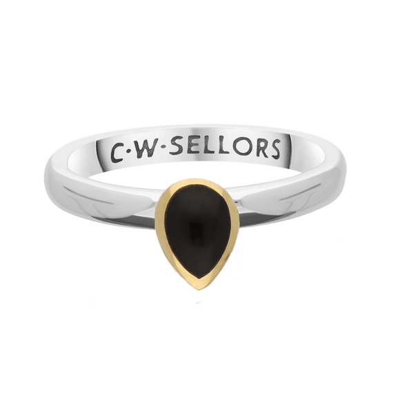 9ct Yellow Gold Sterling Silver Whitby Jet Stepping Stones 5x7mm Pear Cut Bezel Set Ring R575_2