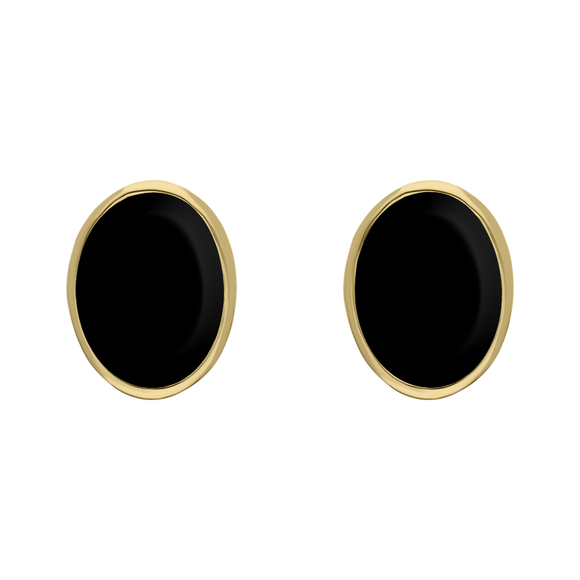 9ct Yellow Gold Sterling Silver Whitby Jet Stepping Stones 6x8mm Oval Stud Earrings E1298