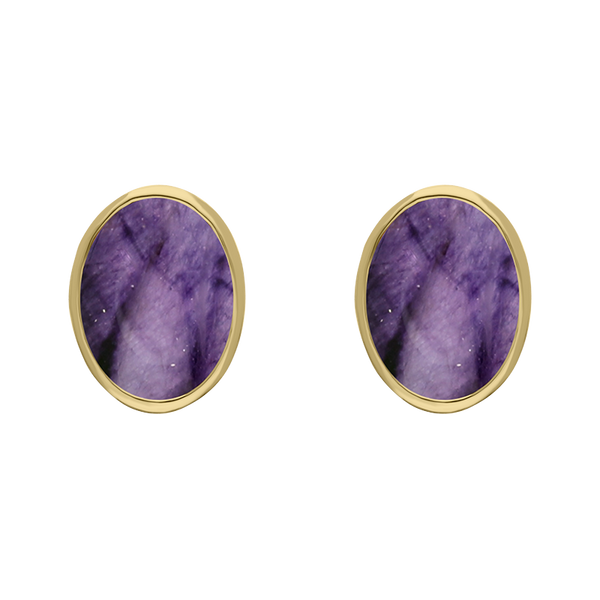 9ct Yellow Gold Sterling Silver Blue John Stepping Stones 6x8mm Oval Stud Earrings E1298