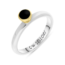 9ct Yellow Gold Sterling Silver Whitby Jet Stepping Stones 5mm Round Bezel Set Ring. R577