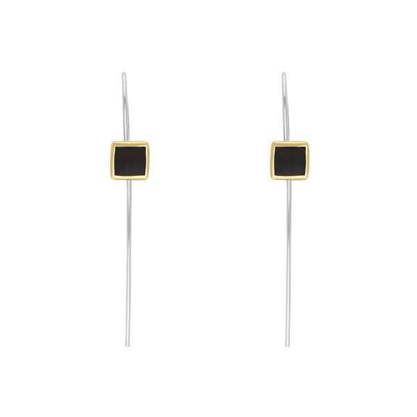 9ct Yellow Gold Sterling Silver Whitby Jet Stepping Stones 5mm Square Hook Earrings E1302