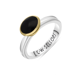 9ct Yellow Gold Sterling Silver Whitby Jet Stepping Stones 6x8mm Oval Bezel Set Ring. R578