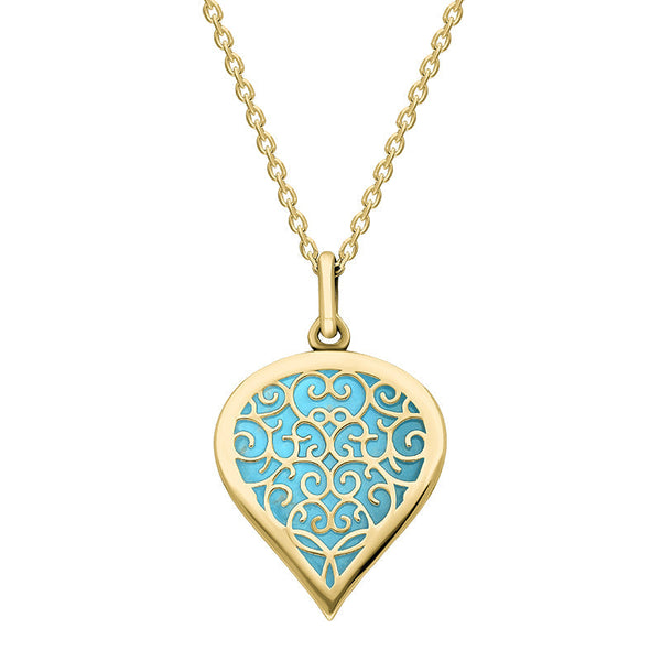9ct Yellow Gold Turquoise Flore Filigree Medium Heart Necklace. P3630.