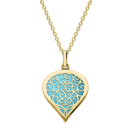 9ct Yellow Gold Turquoise Flore Filigree Medium Heart Necklace. P3630.