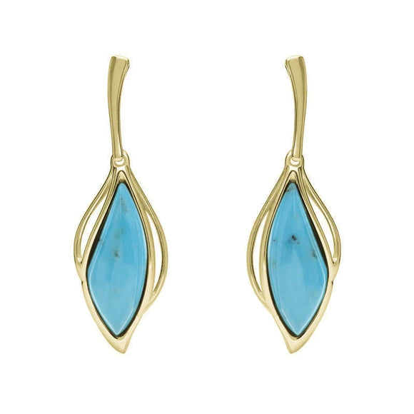 9ct Yellow Gold Turquoise Open Marquise Drop Earrings