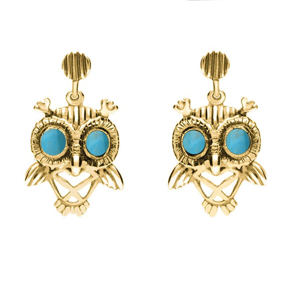 9ct Yellow Gold Turquoise Owl Stud Earrings E2329